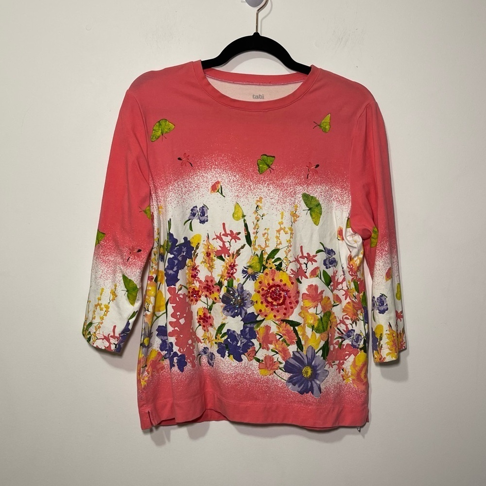 Tabi women's pink floral gardenia butterfly 3/4 sleeve blouse shirt in size L